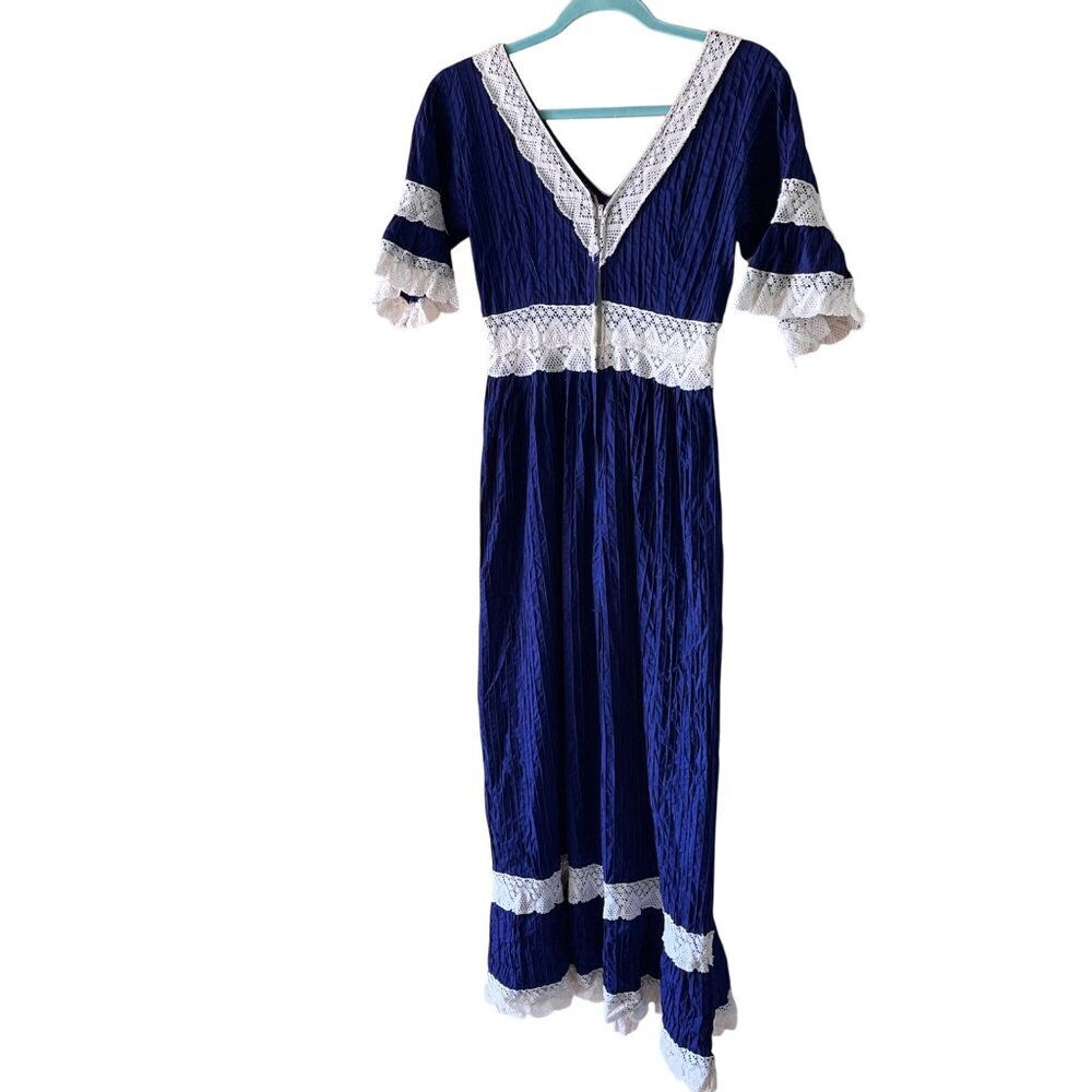 Vintage Womens Dress Size Small Blue Mexican Sleeve Crochet Lace Pintuck Cotton - Picture 11 of 14